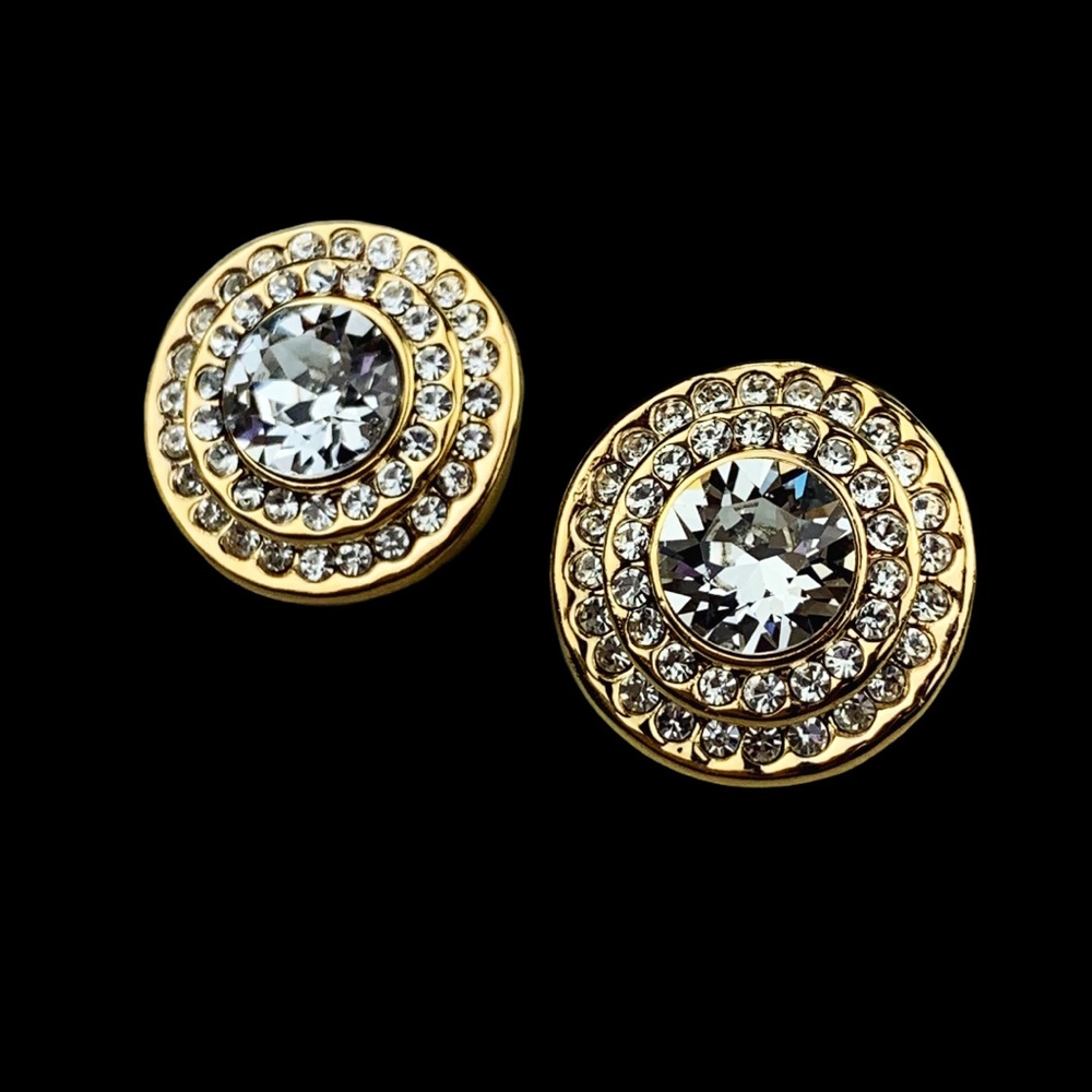 Yellow Gold Pavé Set Double Halo Round Swarovski Crystal Stud Disc Earrings